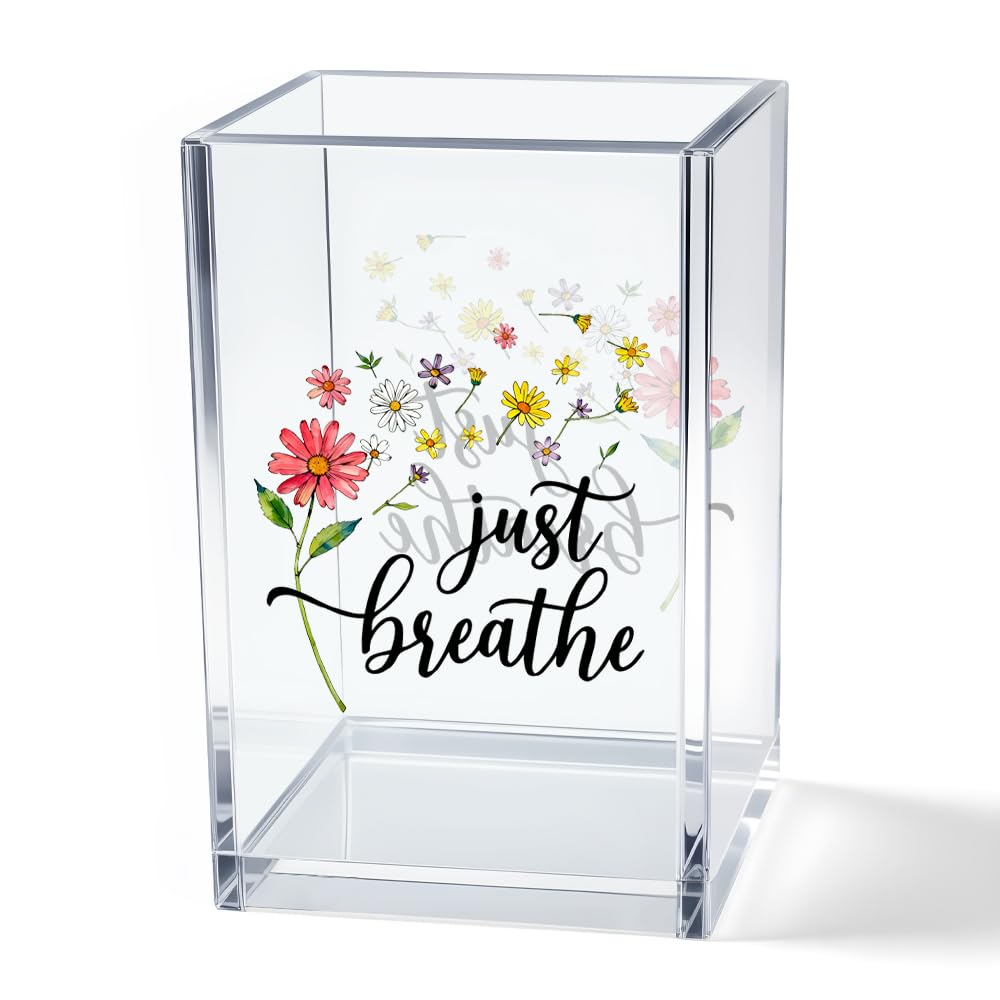 Just Breathe Acrylic Cosmetic Pencil Pen Holder Cup, Hope Inspirational Makeup Brush Organizer Holder, Women Faith Gifts, Encouragement Gifts for Women Mom Daughter Sister Friend Yoga Teacher