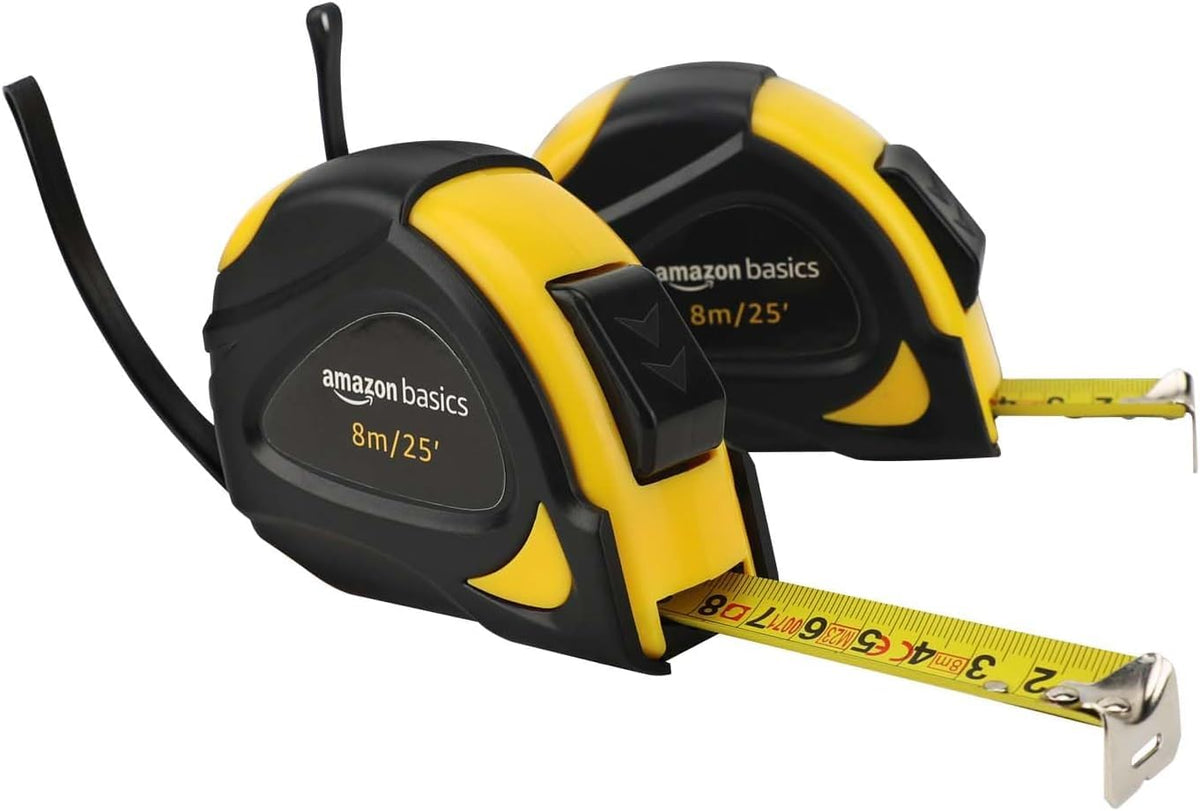 Amazon Basics Self-Locking Tape Measure with Belt Clip, 33 feet (10 m), Inch/Metric Scale, MID Accuracy, Black, Yellow