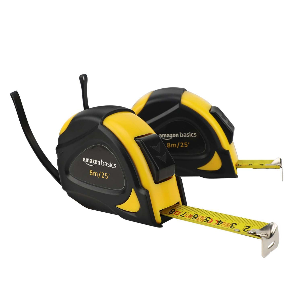 Amazon Basics Self-Locking Tape Measure with Belt Clip, 33 feet (10 m), Inch/Metric Scale, MID Accuracy, Black, Yellow