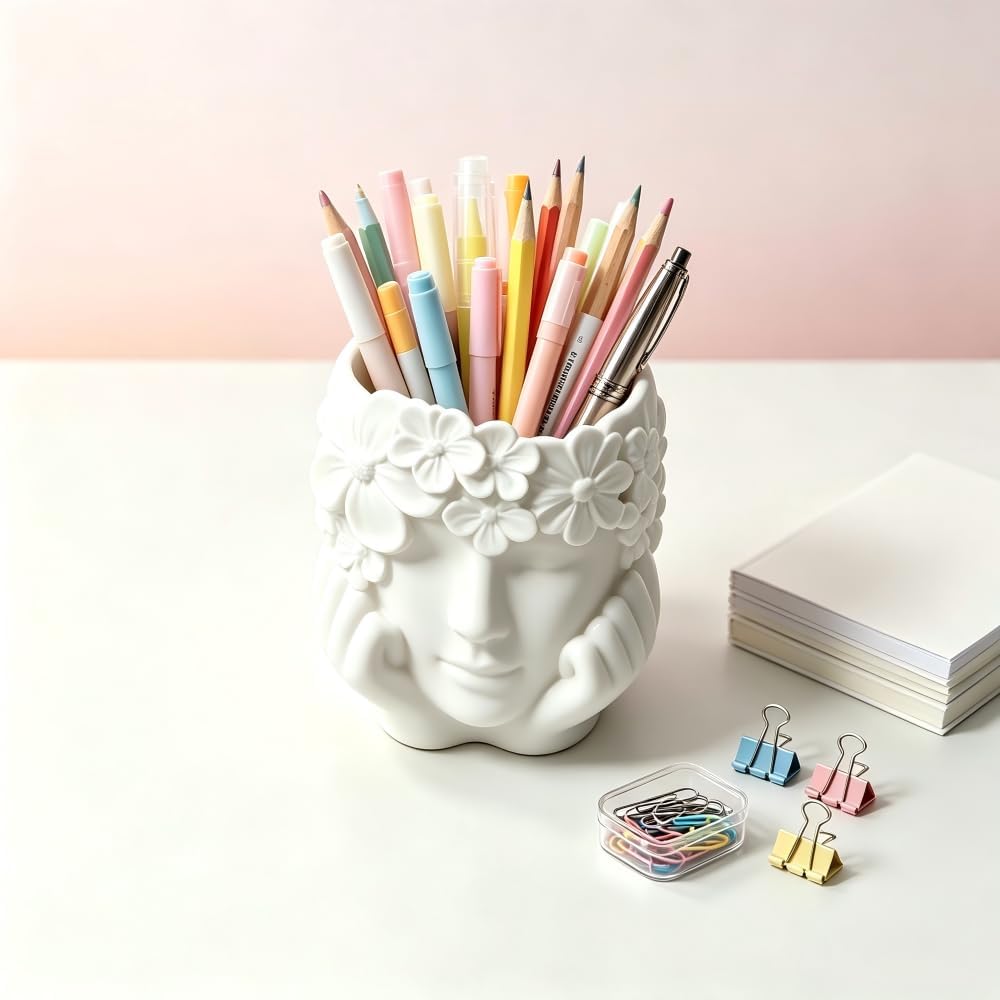 White Resin Flower Girl Chin Rest Pen Holder for Desk
