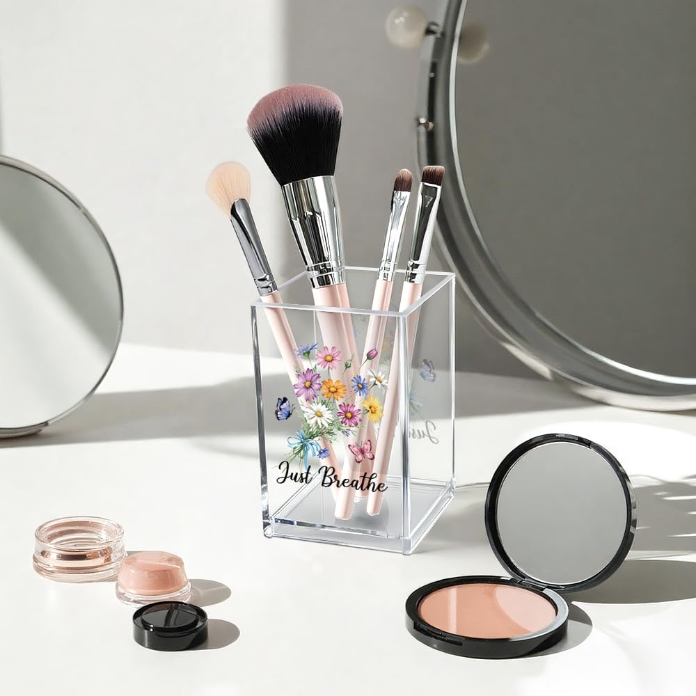 Just Breathe Acrylic Cosmetic Pencil Pen Holder Cup, Hope Inspirational Makeup Brush Organizer Holder, Women Faith Gifts, Encouragement Gifts for Women Mom Daughter Sister Friend Yoga Teacher