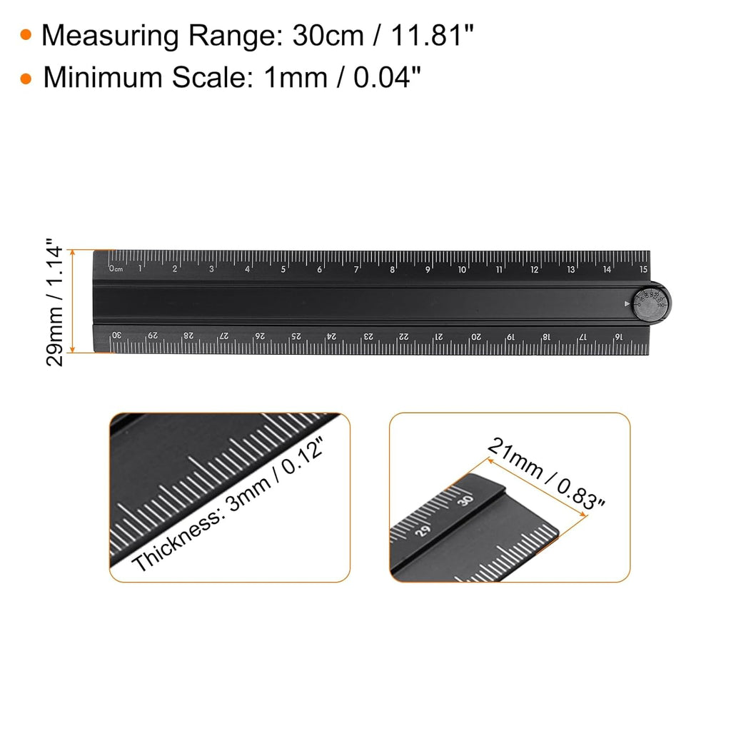 HARFINGTON Folding Straight Ruler 30cm Aluminum Alloy Protractor Black