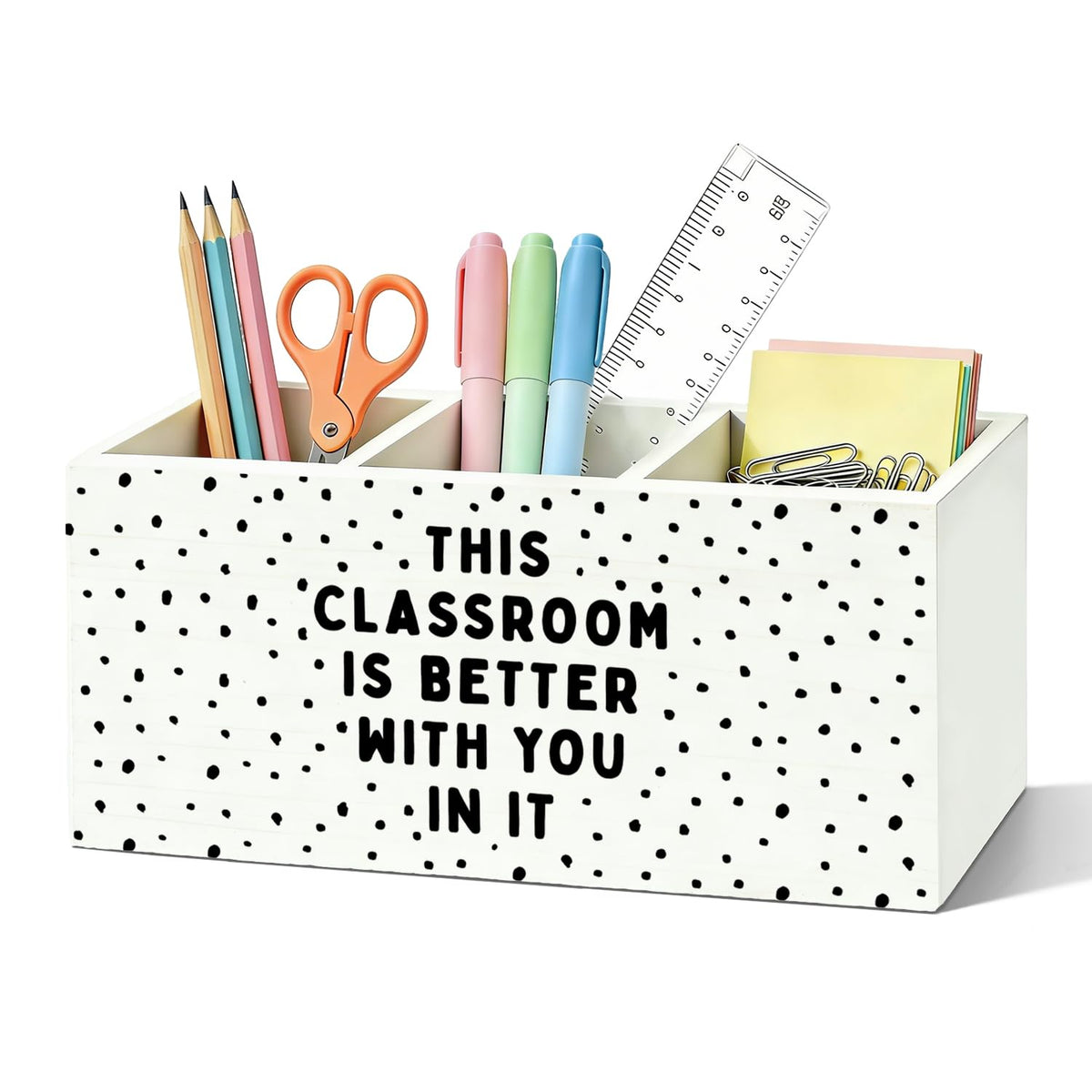 Boho Classroom Pen Organizer for Desk, Wooden Pen Holder, Classroom Pencil Holder, We Can Do Hard Things Motivational Organizer for Kids Room Desk Accessories Tabletop Decorations