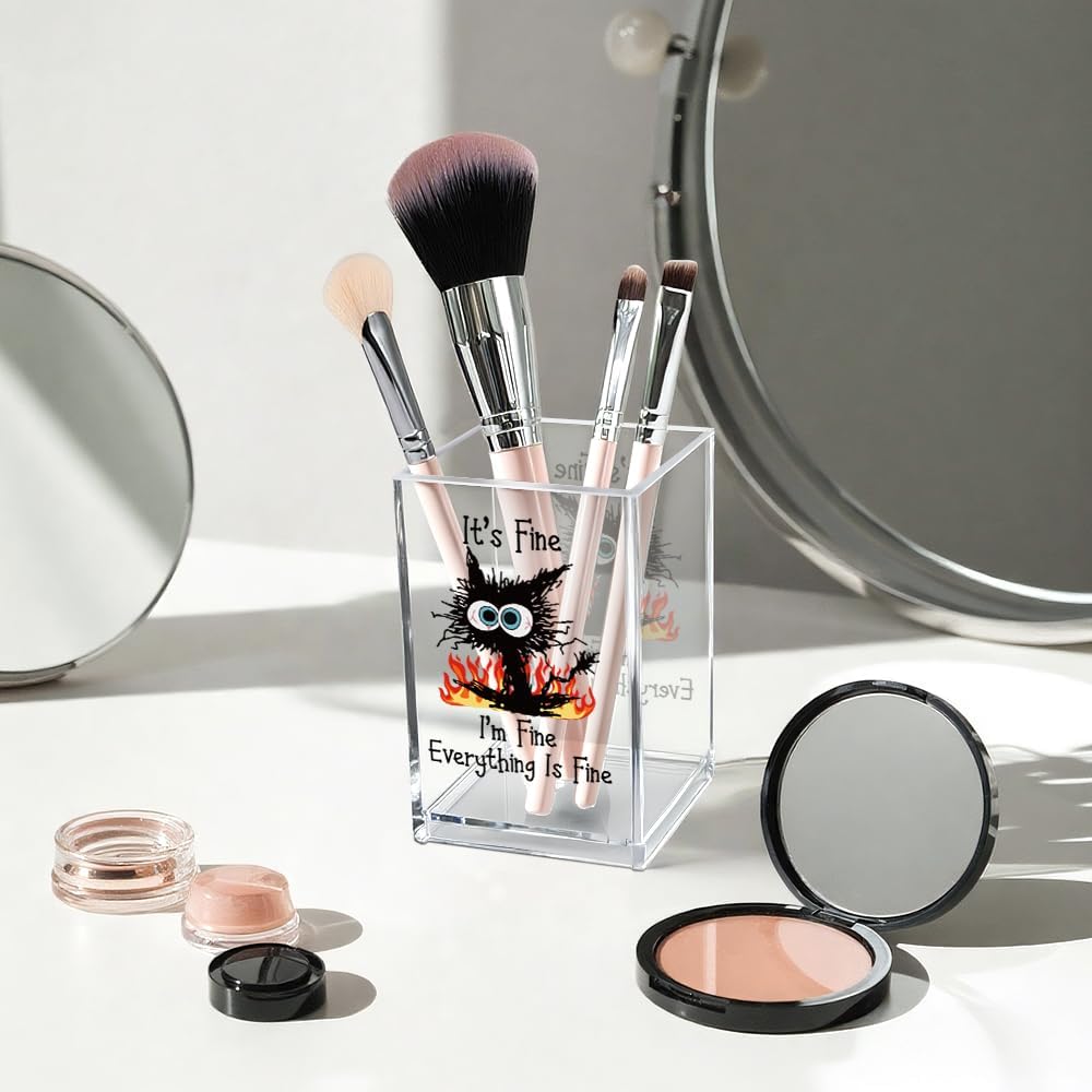 It's Fine I'm Fine Acrylic Cosmetic Pencil Pen Holder Cup, Funny Black Cat Pen Holder Cup, Cat Lover Gift for Women Men, Office Sarcastic Gifts for Women Men Colleague Boss