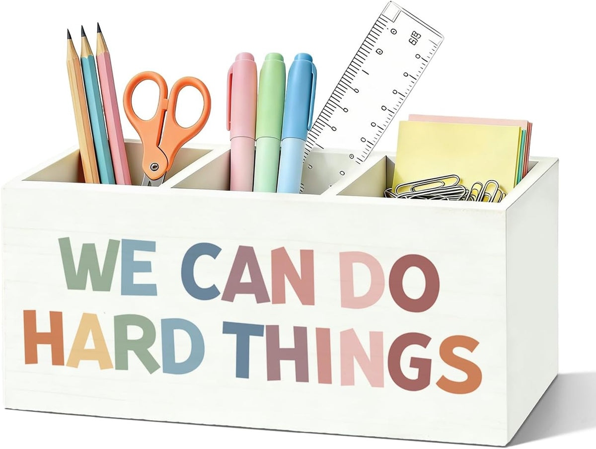 Boho Classroom Pen Organizer for Desk, Wooden Pen Holder, Classroom Pencil Holder, We Can Do Hard Things Motivational Organizer for Kids Room Desk Accessories Tabletop Decorations