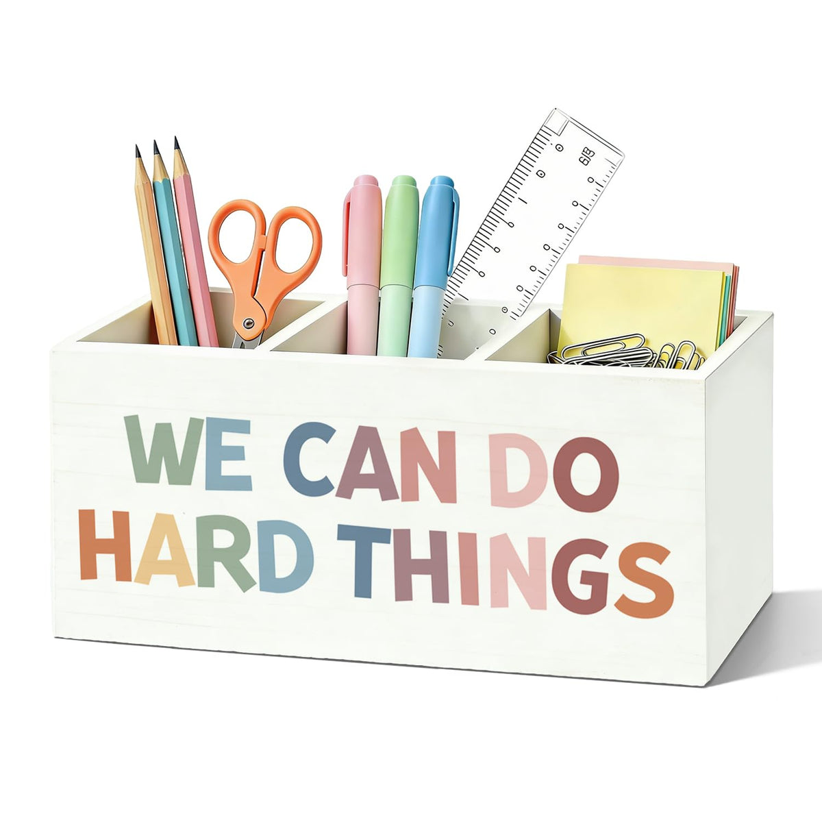 Boho Classroom Pen Organizer for Desk, Wooden Pen Holder, Classroom Pencil Holder, We Can Do Hard Things Motivational Organizer for Kids Room Desk Accessories Tabletop Decorations