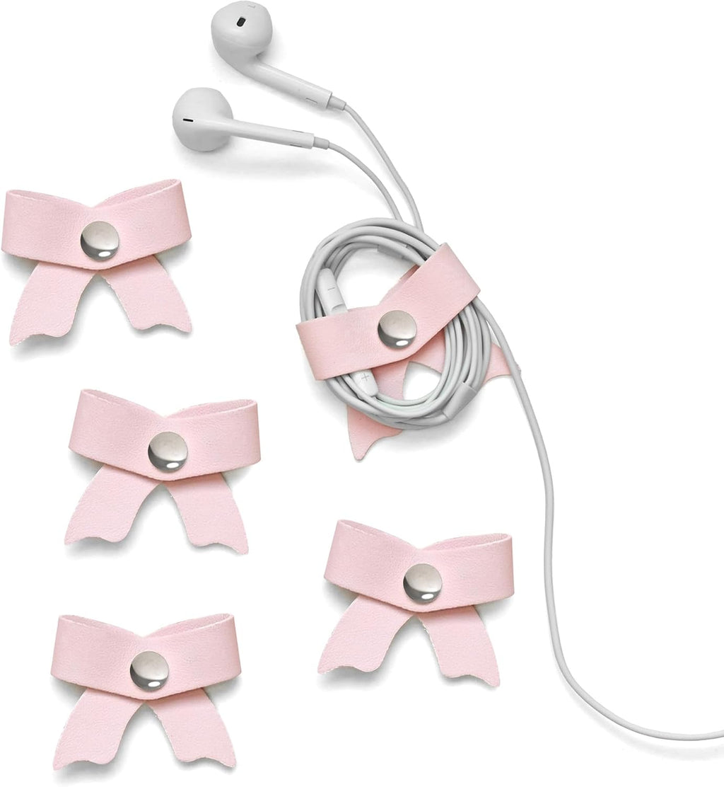 SenseAGE 5 Pack Cord Organizer, Bow Cord Keeper, Cable Organizer USB Holder, Leather Cable Management, Cable Straps, Earphone Winder, Storage Straps for Electronics, Earbuds, Small, Pink