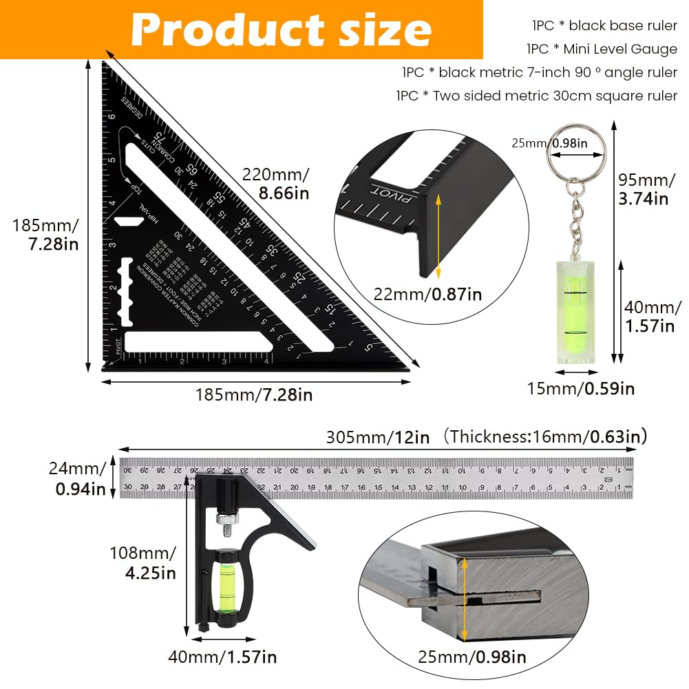 7 Inch Rafter Square & Combination Square Set, Aluminum Alloy Carpenter Square Tool with Dual-Sided Markings, Mini Woodworking Layout Ruler with Small Level for Home DIY Household Repairs