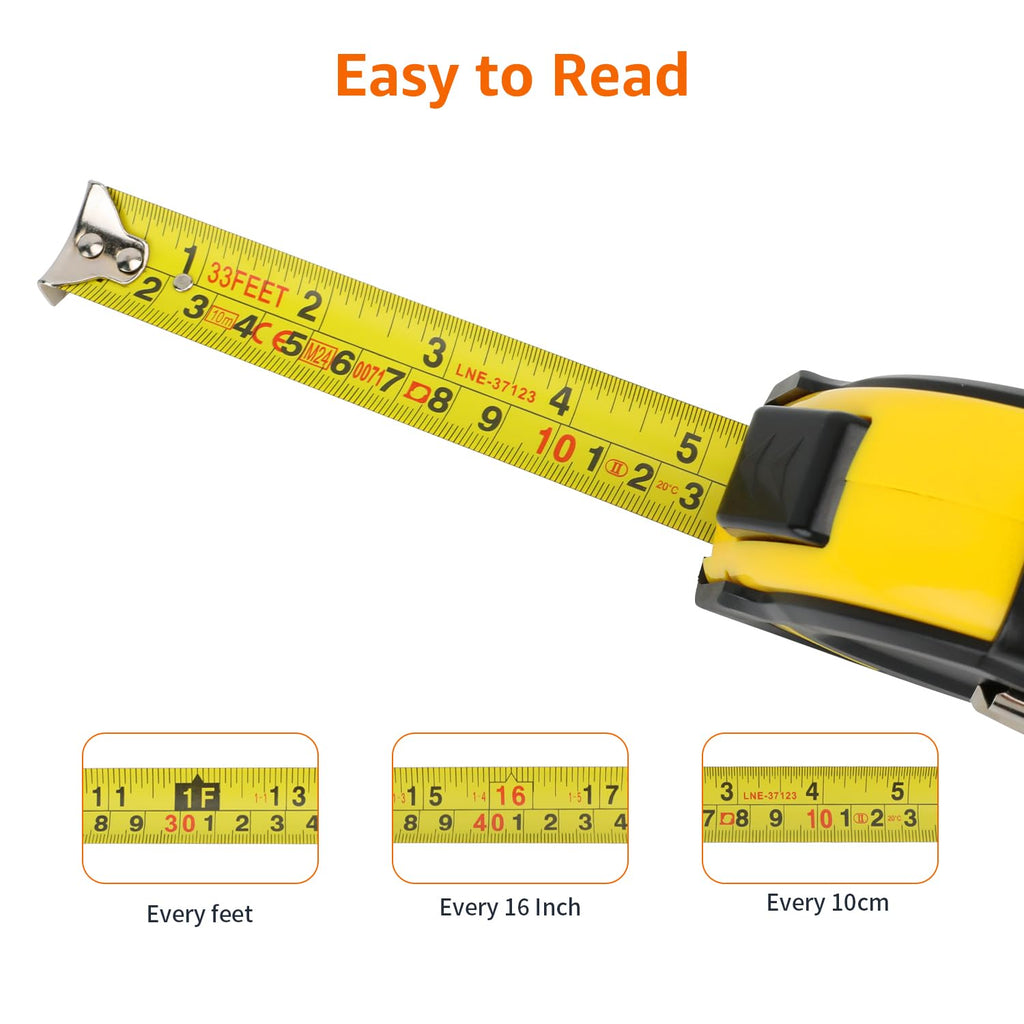 Amazon Basics Self-Locking Tape Measure with Belt Clip, 33 feet (10 m), Inch/Metric Scale, MID Accuracy, Black, Yellow