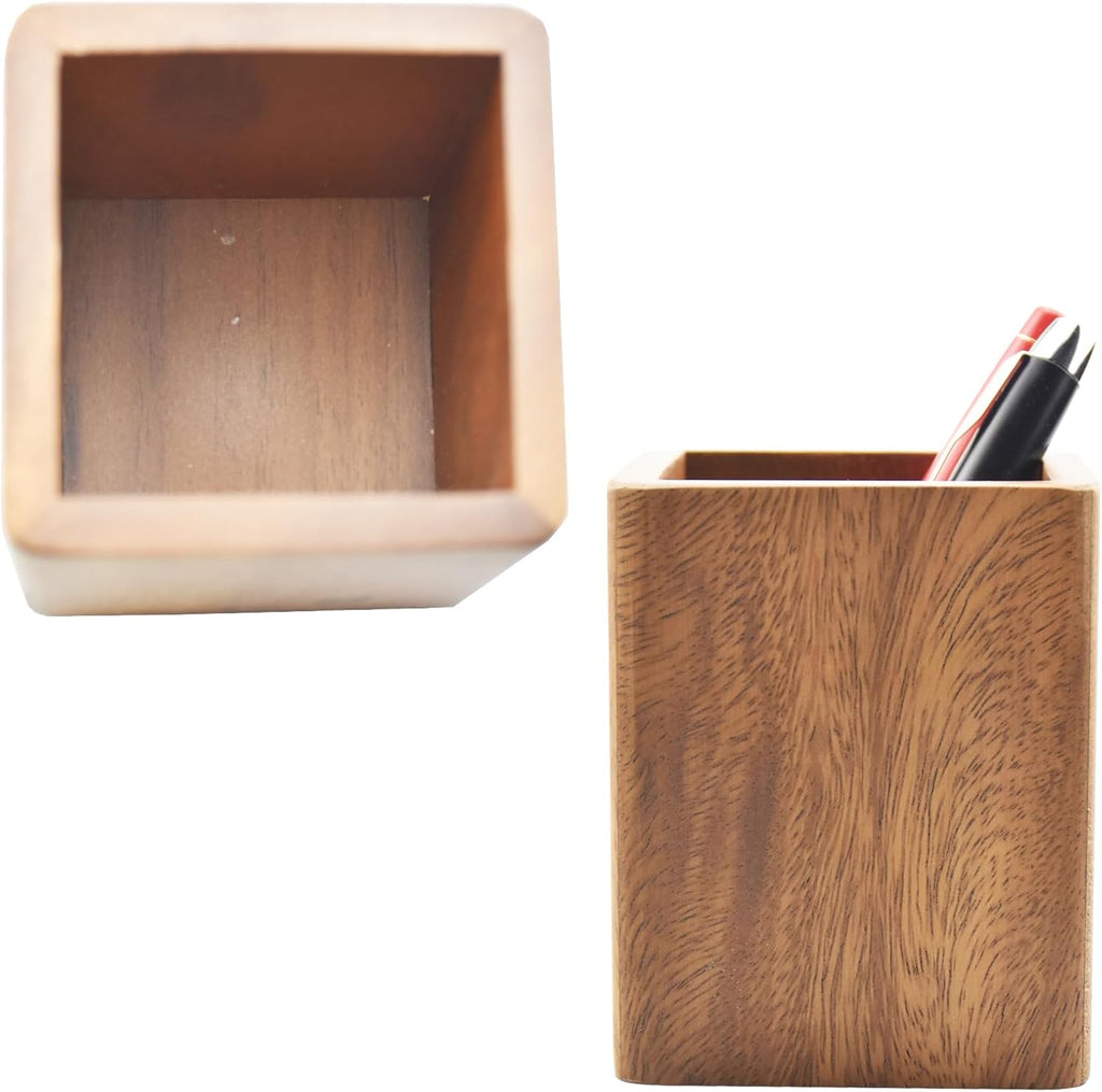 Walnut Wooden Pencil Holder Cup for Desk Natural Wood Pen Holder Stand for Office Home (Square)