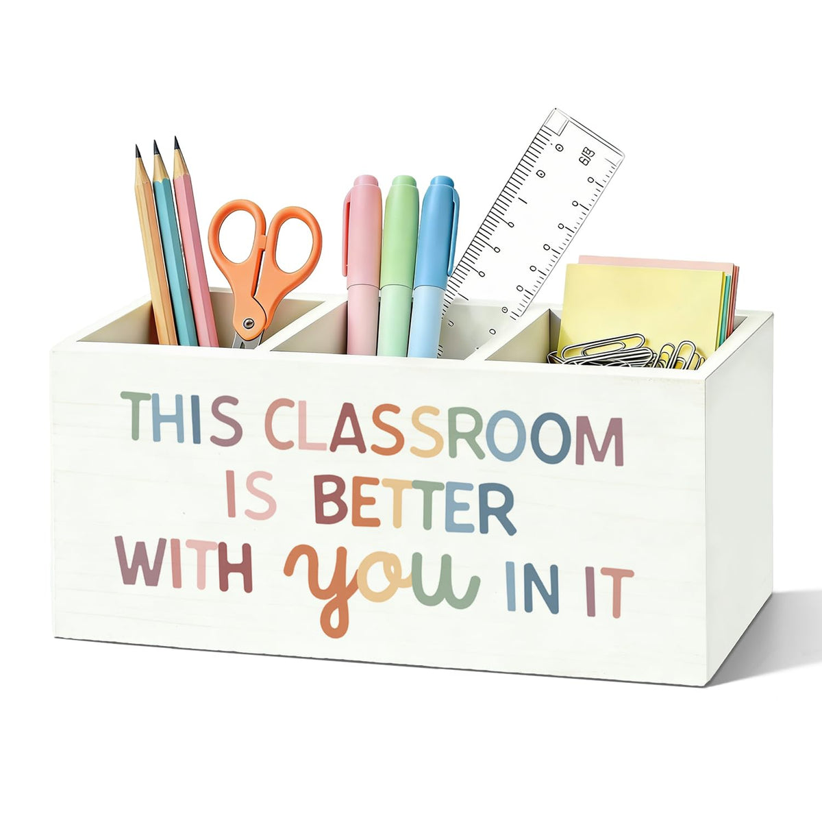 Boho Classroom Pen Organizer for Desk, Wooden Pen Holder, Classroom Pencil Holder, We Can Do Hard Things Motivational Organizer for Kids Room Desk Accessories Tabletop Decorations