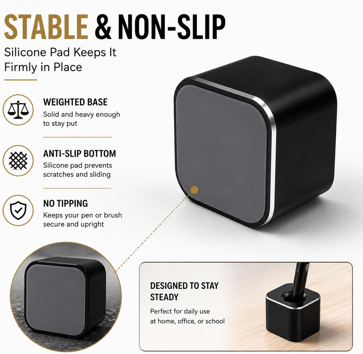 Coideal Single Pen Holder for Desk, Aluminum Fountain Pen Stand, Black