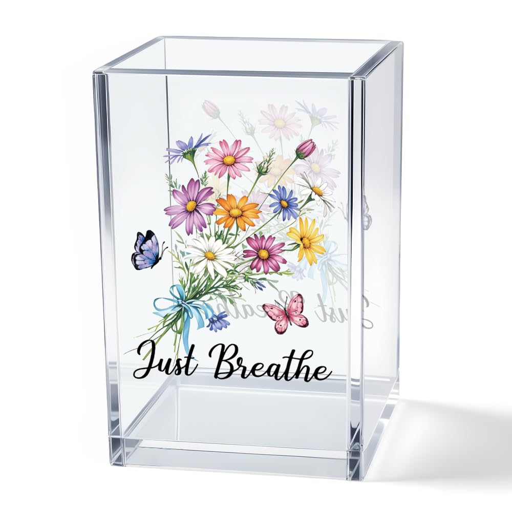 Just Breathe Acrylic Cosmetic Pencil Pen Holder Cup, Hope Inspirational Makeup Brush Organizer Holder, Women Faith Gifts, Encouragement Gifts for Women Mom Daughter Sister Friend Yoga Teacher