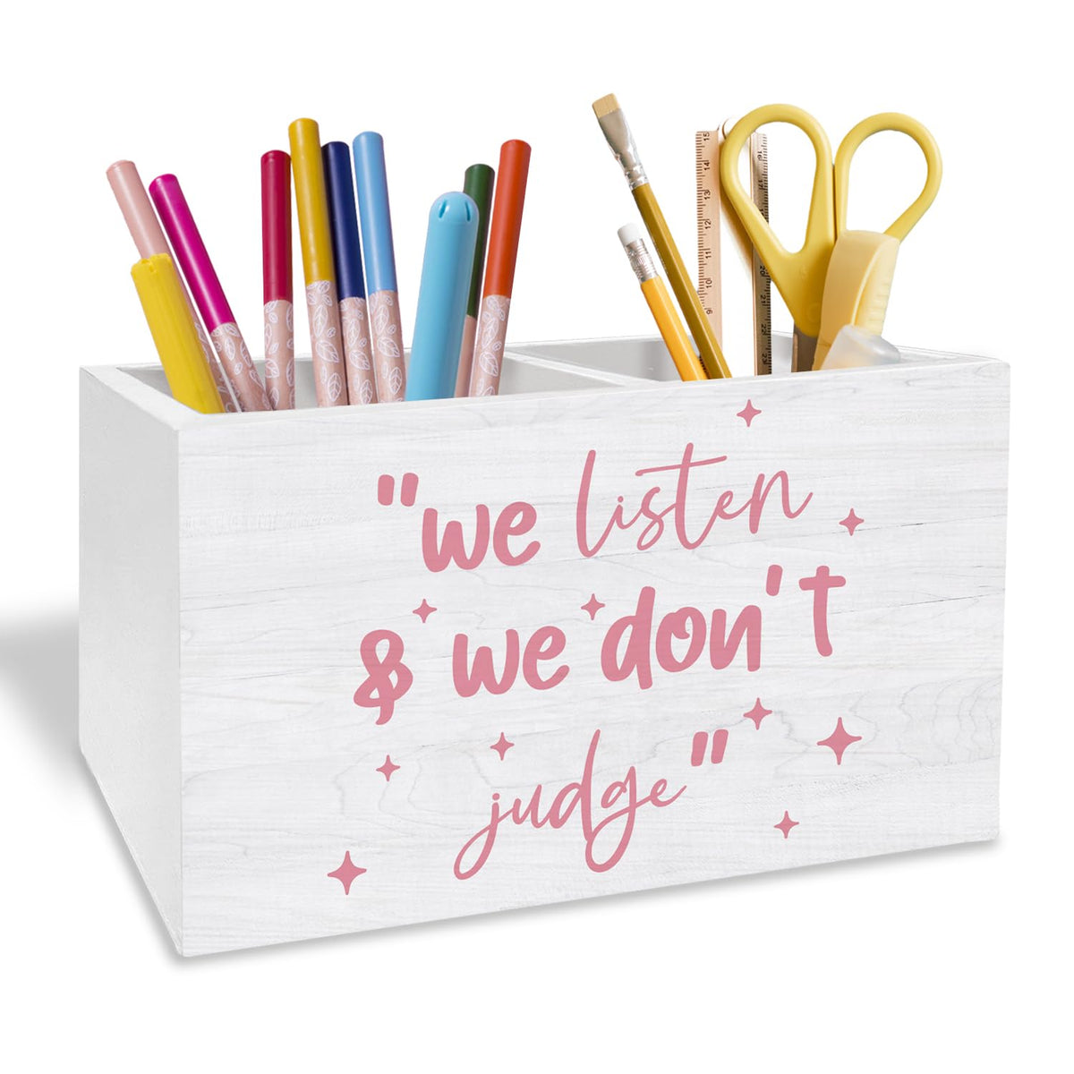 Boho Sunshine Pen Holder for Desk, Boho Classroom Decor Pencil Organizer, Cute Orange Yellow Sun Wooden Box Sign Desk Decor for Kids Room Nursery Playroom Classroom Decoration