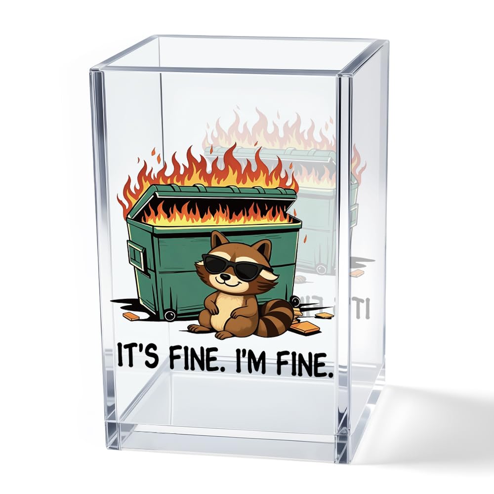 It's Fine I'm Fine Acrylic Cosmetic Pencil Pen Holder Cup, Funny Black Cat Pen Holder Cup, Cat Lover Gift for Women Men, Office Sarcastic Gifts for Women Men Colleague Boss