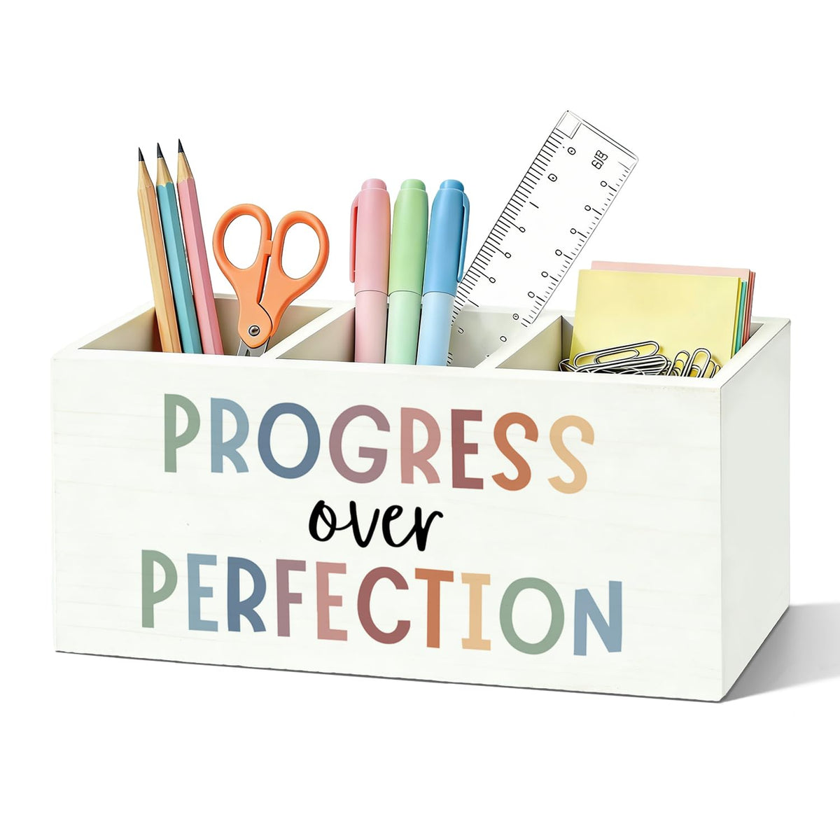 Boho Classroom Pen Organizer for Desk, Wooden Pen Holder, Classroom Pencil Holder, We Can Do Hard Things Motivational Organizer for Kids Room Desk Accessories Tabletop Decorations