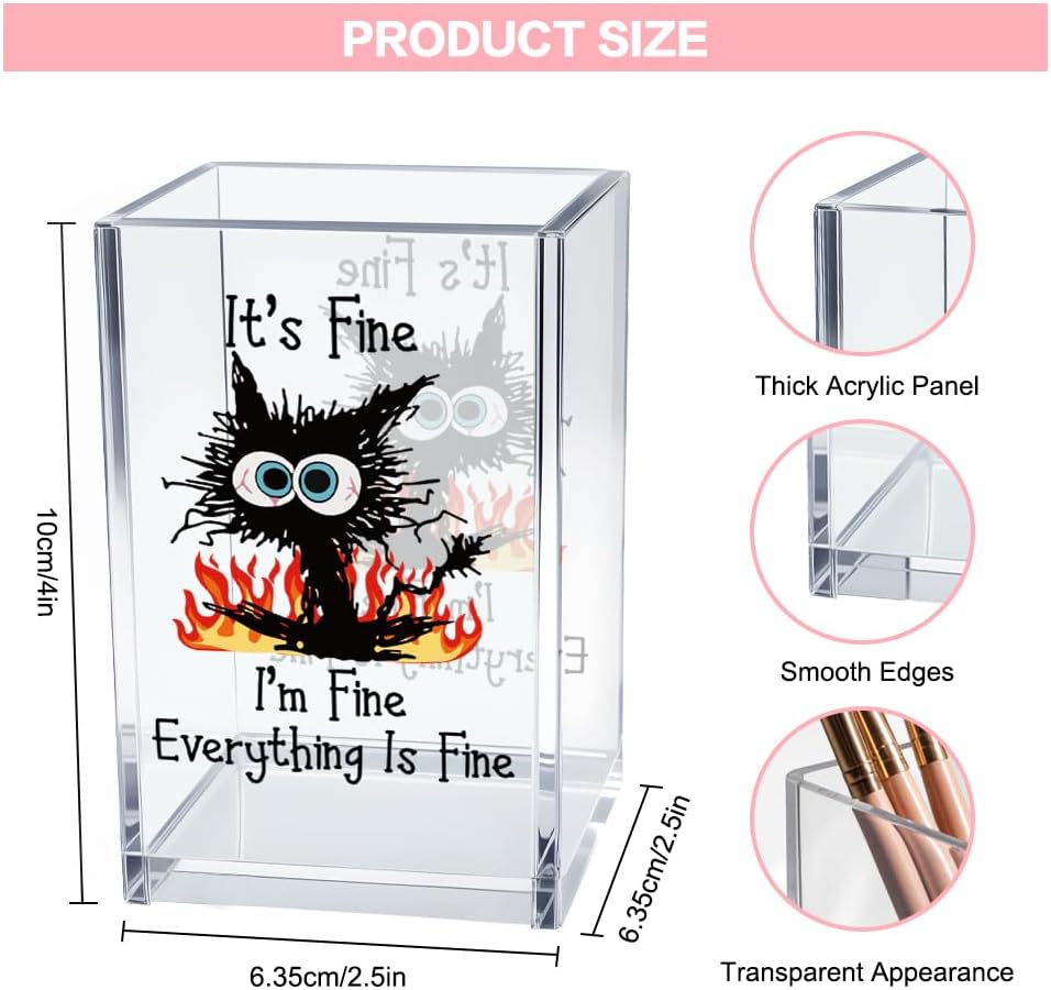 It's Fine I'm Fine Acrylic Cosmetic Pencil Pen Holder Cup, Funny Black Cat Pen Holder Cup, Cat Lover Gift for Women Men, Office Sarcastic Gifts for Women Men Colleague Boss