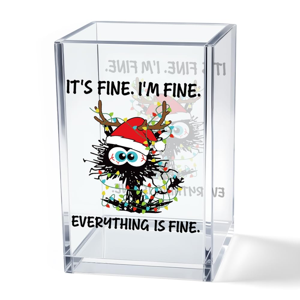 It's Fine I'm Fine Acrylic Cosmetic Pencil Pen Holder Cup, Funny Black Cat Pen Holder Cup, Cat Lover Gift for Women Men, Office Sarcastic Gifts for Women Men Colleague Boss