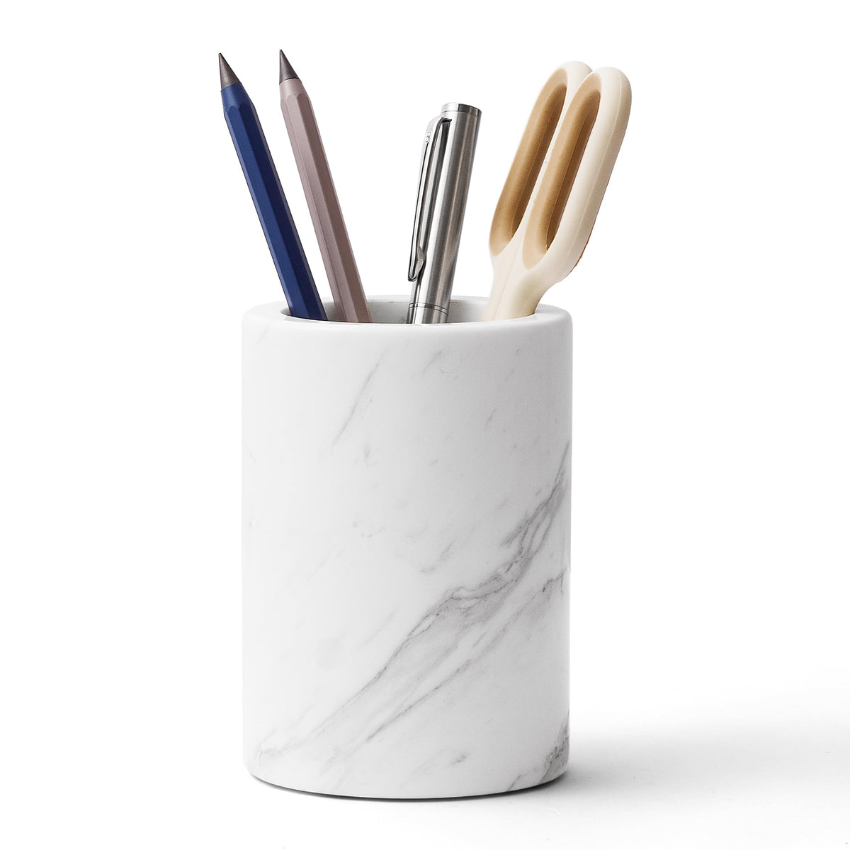 Natural Marble Pen Holder for Desk, Handcrafted Sturdy Desk Organizer with Anti-Slip Base 3.1” x 4.3” – Unique Stone Craft for Office Supplies, Makeup Brushes & Home Decor Grey (WH077)