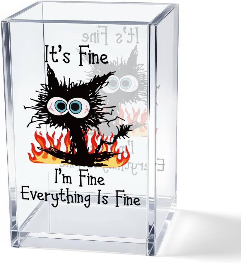 It's Fine I'm Fine Acrylic Cosmetic Pencil Pen Holder Cup, Funny Black Cat Pen Holder Cup, Cat Lover Gift for Women Men, Office Sarcastic Gifts for Women Men Colleague Boss