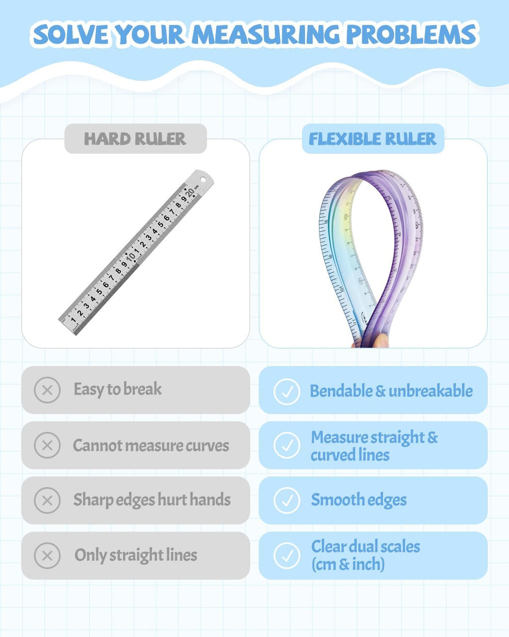 12 Inch & 6 Inch Flexible Ruler, Bendable Plastic Ruler, Soft Bendable Gradient Color Rulers with Centimeters and Inches for Student School Classroom Office Supplies