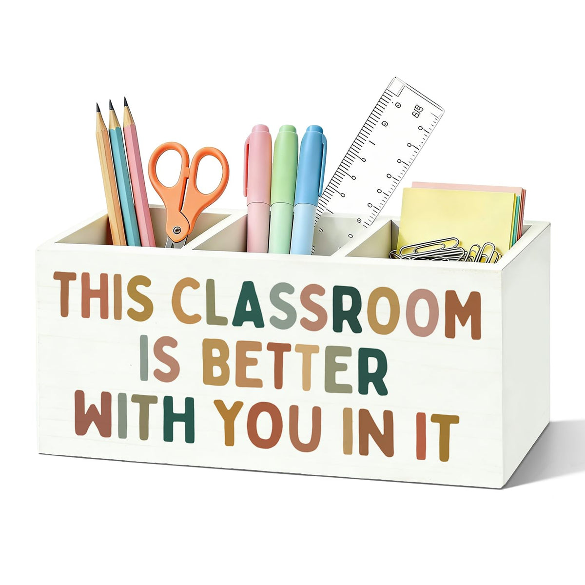 Boho Classroom Pen Organizer for Desk, Wooden Pen Holder, Classroom Pencil Holder, We Can Do Hard Things Motivational Organizer for Kids Room Desk Accessories Tabletop Decorations