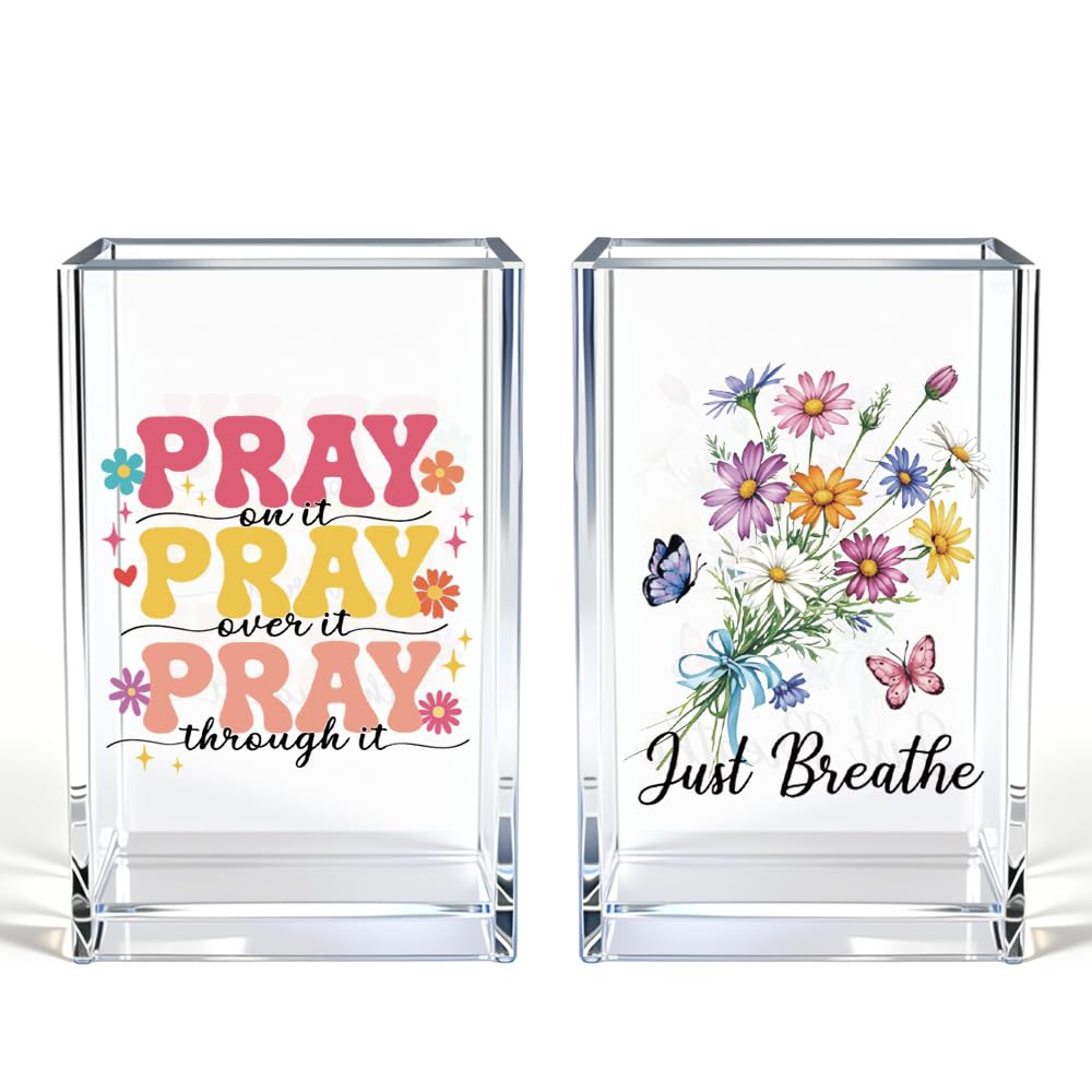 Just Breathe Acrylic Cosmetic Pencil Pen Holder Cup, Hope Inspirational Makeup Brush Organizer Holder, Women Faith Gifts, Encouragement Gifts for Women Mom Daughter Sister Friend Yoga Teacher