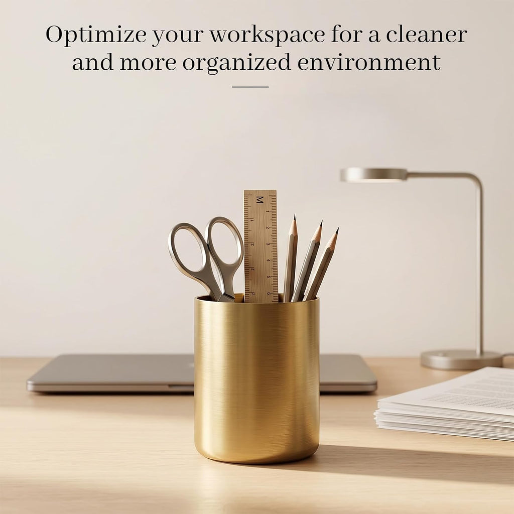 Pen Holder for Desk Gold Pen Holder Makeup Brush Holders Stainless Steel Pens Stand Round Desktop Organizer Pens Pot Cup Office and Vanity Desk Accessory for Office Home Decor Organizer