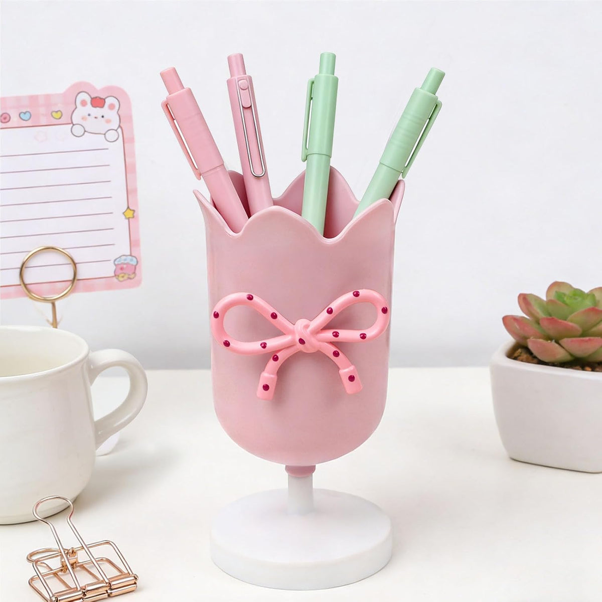 Tulip Pen Holder for Desk Cute Plastic Pencil Organizer Makeup Brush Cup Holders with Adhesive Bow, Teachers Gifts Back To School Office Accessories (Pink)