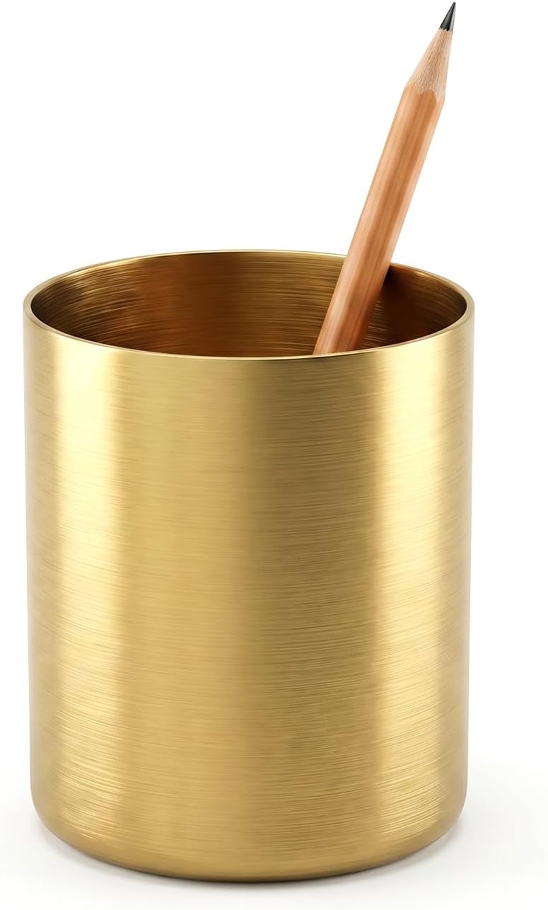 Pen Holder for Desk Gold Pen Holder Makeup Brush Holders Stainless Steel Pens Stand Round Desktop Organizer Pens Pot Cup Office and Vanity Desk Accessory for Office Home Decor Organizer