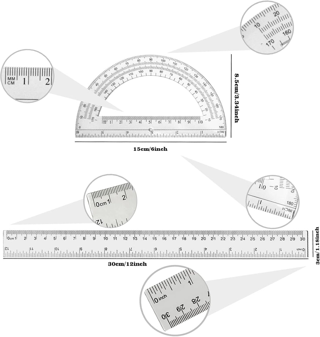 2 Packs 12 Inch Plastic Ruler and 6 Inch Plastic Protractor Set Clear Math Geometry Set Classroom Set Angle Detector School Supplies Classroom Ruler Home Office Drawings (Transparent)