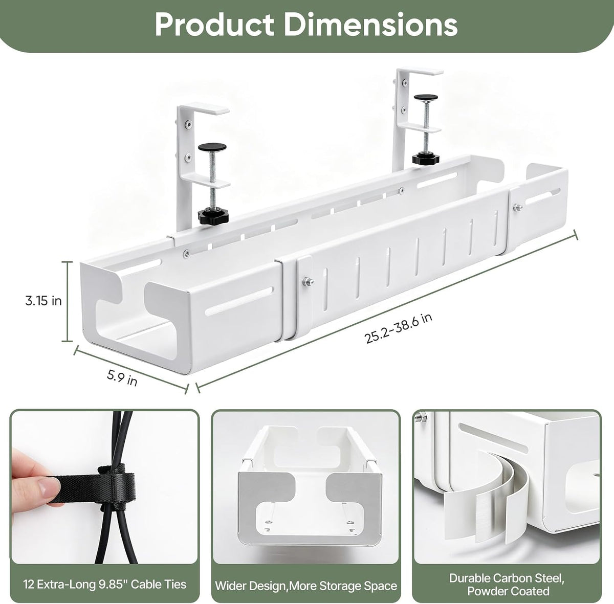 Under Desk Cable Management Tray, Expandable 25.2-38.6 Inch,White