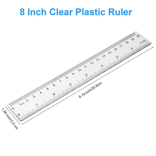 2 Pack - 8 inch Clear Plastic Ruler Straight Shatterproof Transparent Rulers for Office Supply (Clear)
