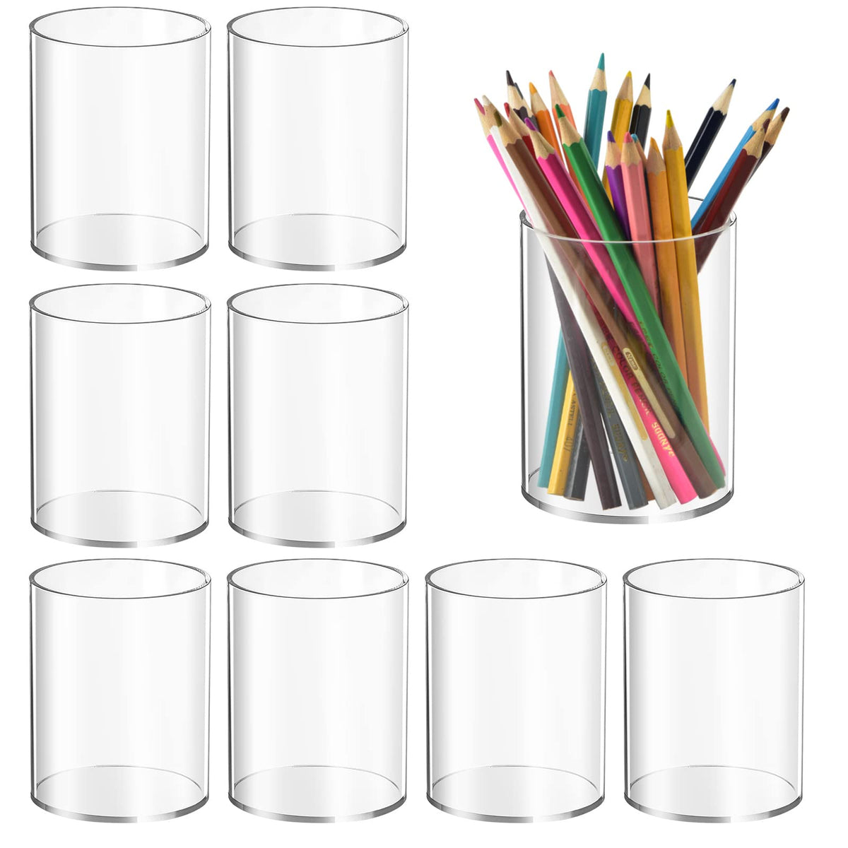 4 Pieces Clear Acrylic Pen Holder Round Acrylic Pencil Cup Clear Makeup Bush Holder Acrylic Desktop Stationery Organizer for Office School Home Desk Accessories (4 Pack, Round)