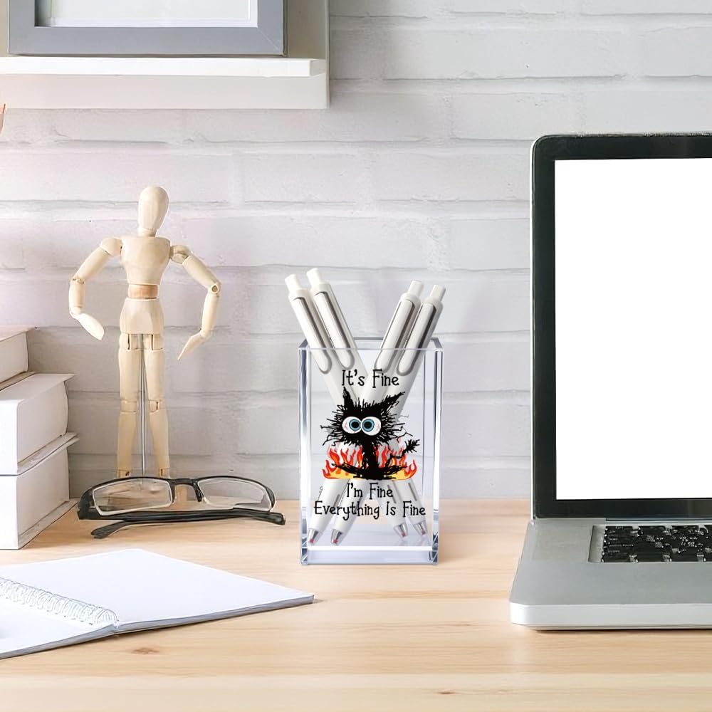 It's Fine I'm Fine Acrylic Cosmetic Pencil Pen Holder Cup, Funny Black Cat Pen Holder Cup, Cat Lover Gift for Women Men, Office Sarcastic Gifts for Women Men Colleague Boss