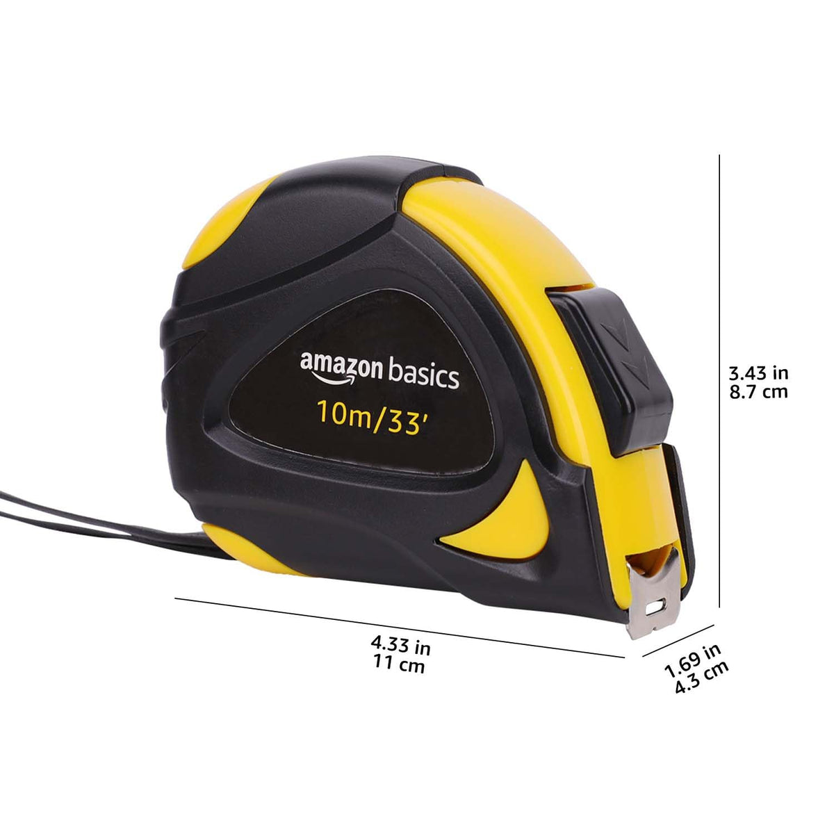 Amazon Basics Self-Locking Tape Measure with Belt Clip, 33 feet (10 m), Inch/Metric Scale, MID Accuracy, Black, Yellow