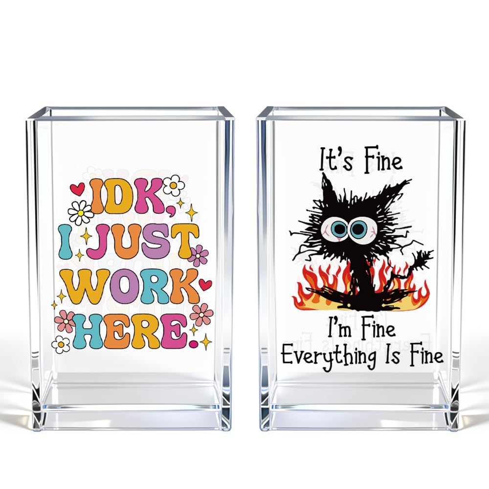 It's Fine I'm Fine Acrylic Cosmetic Pencil Pen Holder Cup, Funny Black Cat Pen Holder Cup, Cat Lover Gift for Women Men, Office Sarcastic Gifts for Women Men Colleague Boss