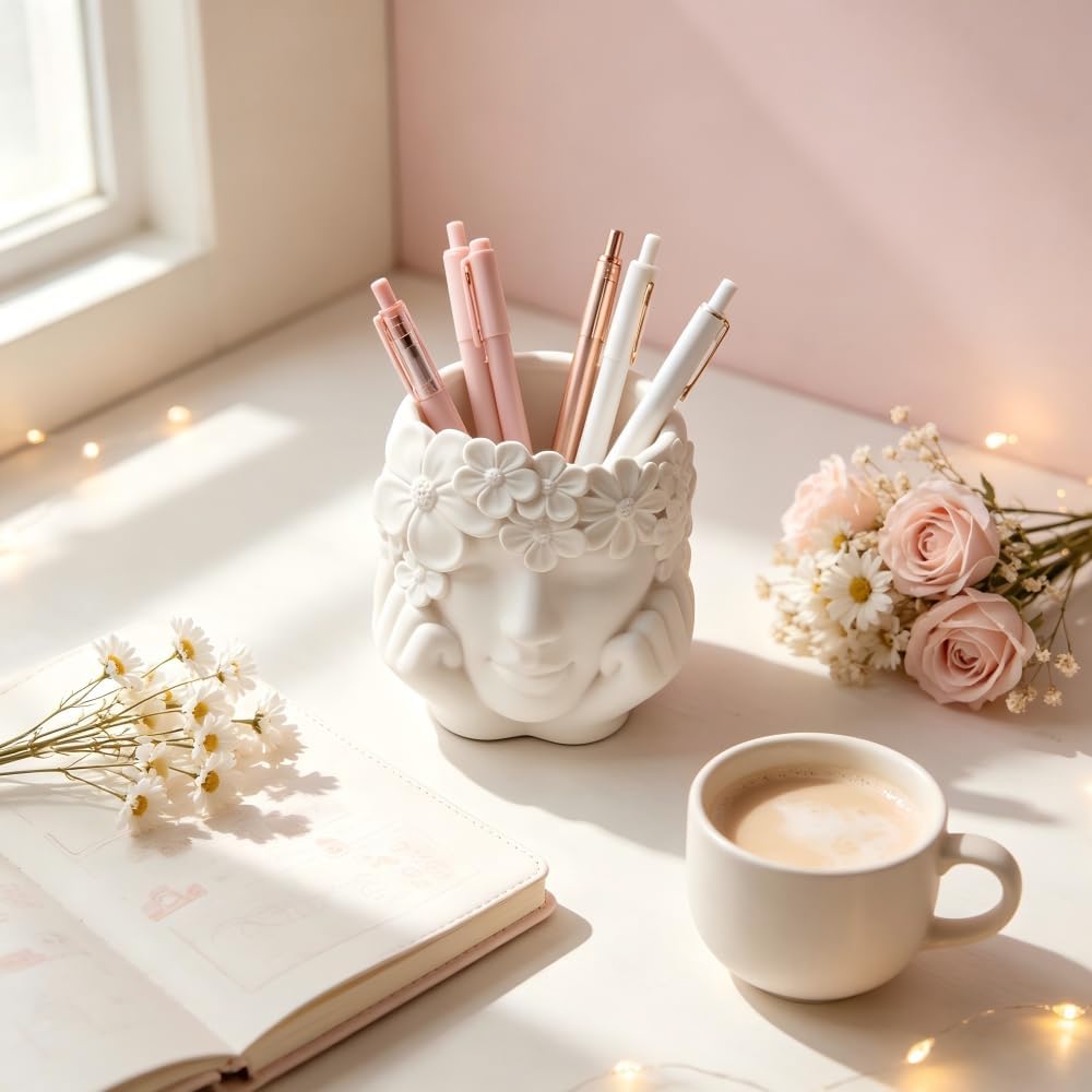 White Resin Flower Girl Chin Rest Pen Holder for Desk