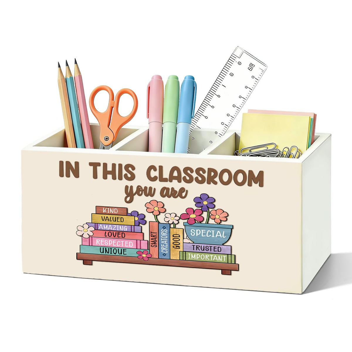 Boho Classroom Pen Organizer for Desk, Wooden Pen Holder, Classroom Pencil Holder, We Can Do Hard Things Motivational Organizer for Kids Room Desk Accessories Tabletop Decorations