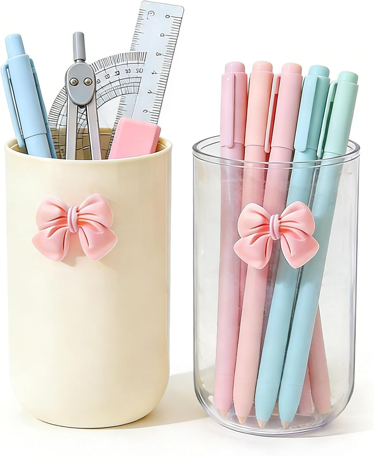 2 Pack Pen Pencil Holder for Desk, Acrylic Desk Organizer with Bow Clear Makeup Brush Holder Cup Desktop Stationery for Office School (Transparent+Beige)