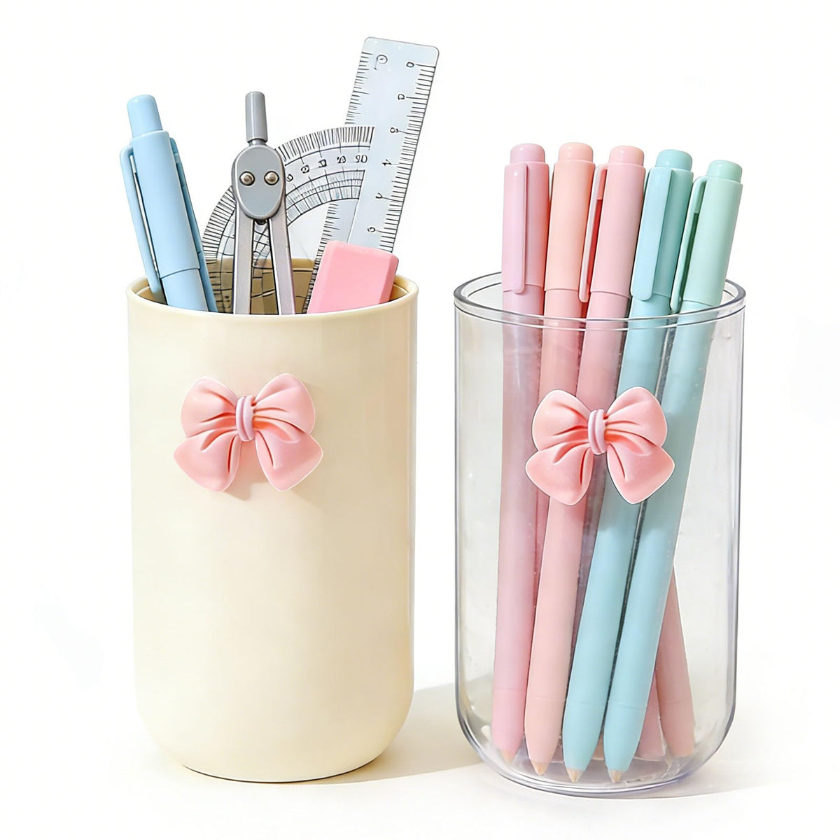 2 Pack Pen Pencil Holder for Desk, Acrylic Desk Organizer with Bow Clear Makeup Brush Holder Cup Desktop Stationery for Office School (Transparent+Beige)