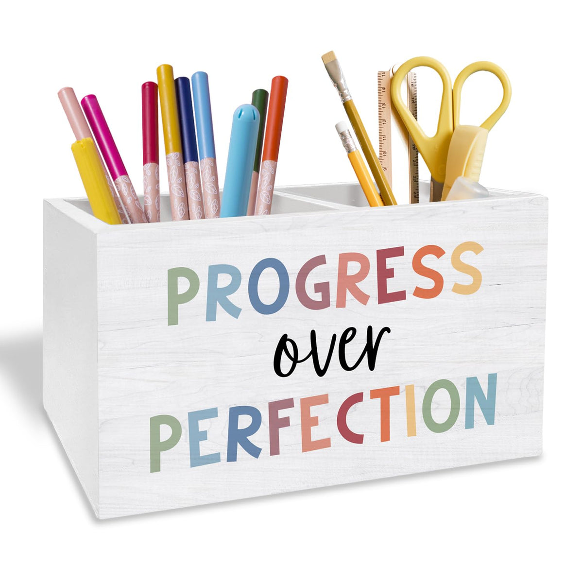 Boho Sunshine Pen Holder for Desk, Boho Classroom Decor Pencil Organizer, Cute Orange Yellow Sun Wooden Box Sign Desk Decor for Kids Room Nursery Playroom Classroom Decoration