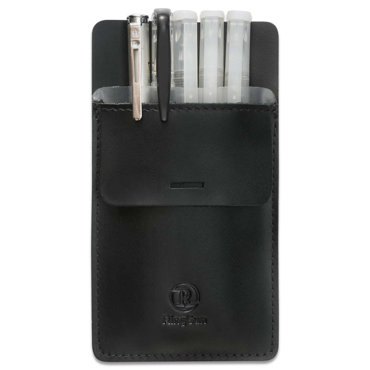 Ringsun Men's Pocket Protector - Full Grain Leather - Heavy Duty Pen Holder for Shirts, Lab Coats - Holds 6 Pens & Pointers & Cards