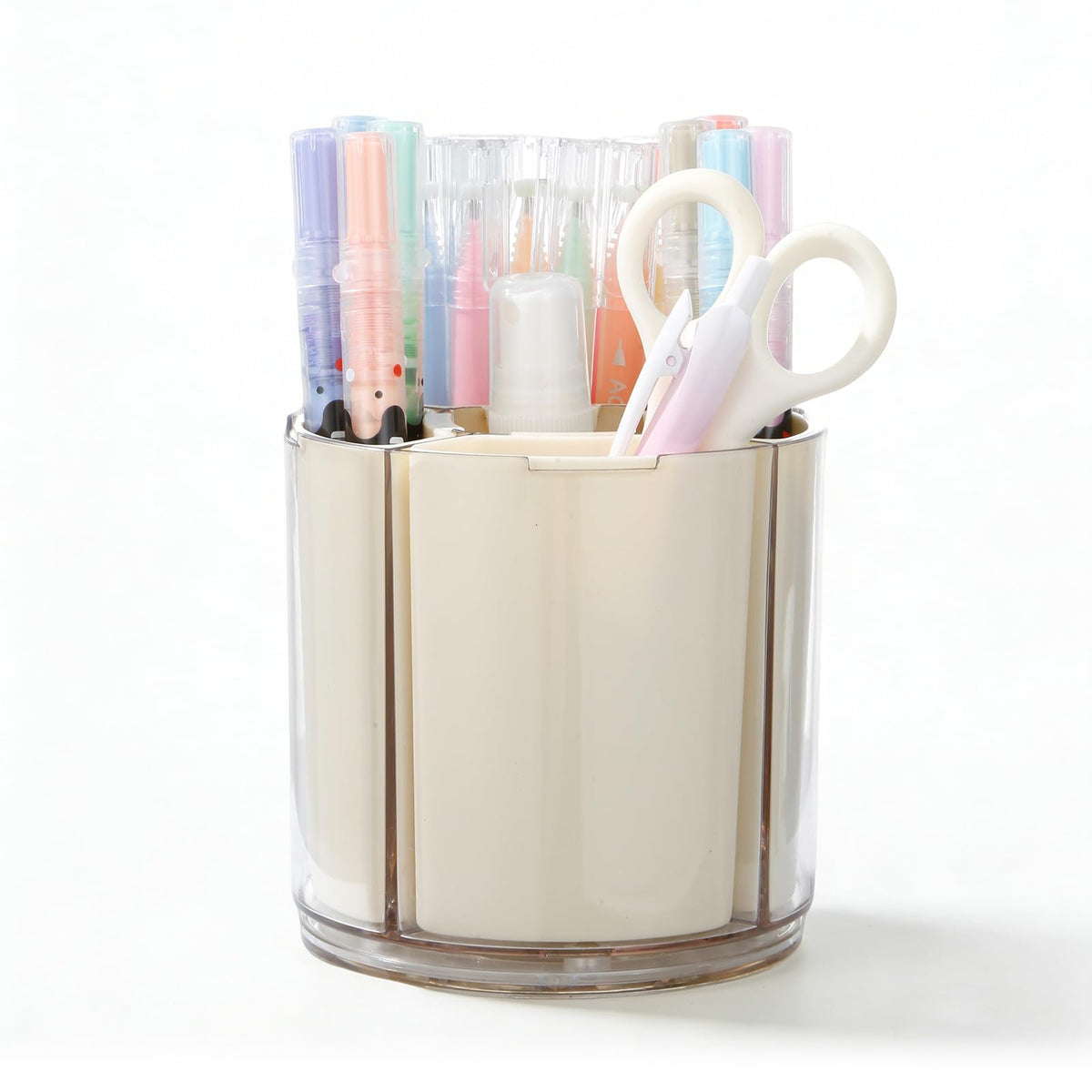 Comix 360° Rotating Pen Holder for Desk, Beige Pencil Holder with 5 Slots