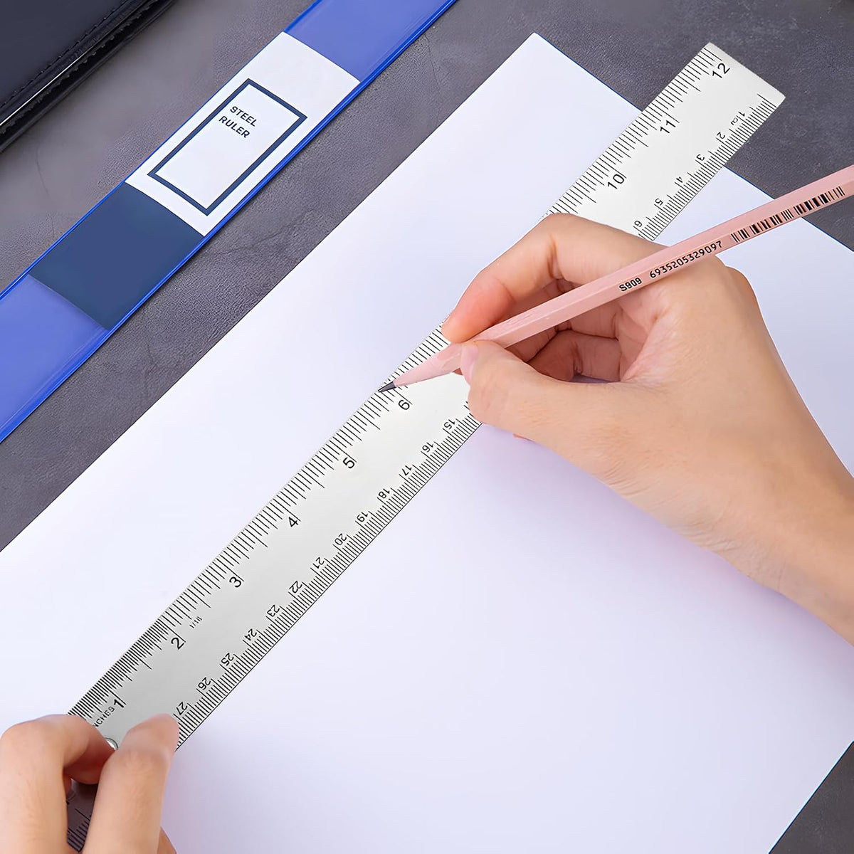 4PCS 12" Metal Ruler, Imperial & Metric, Stainless Steel with Cork Backing