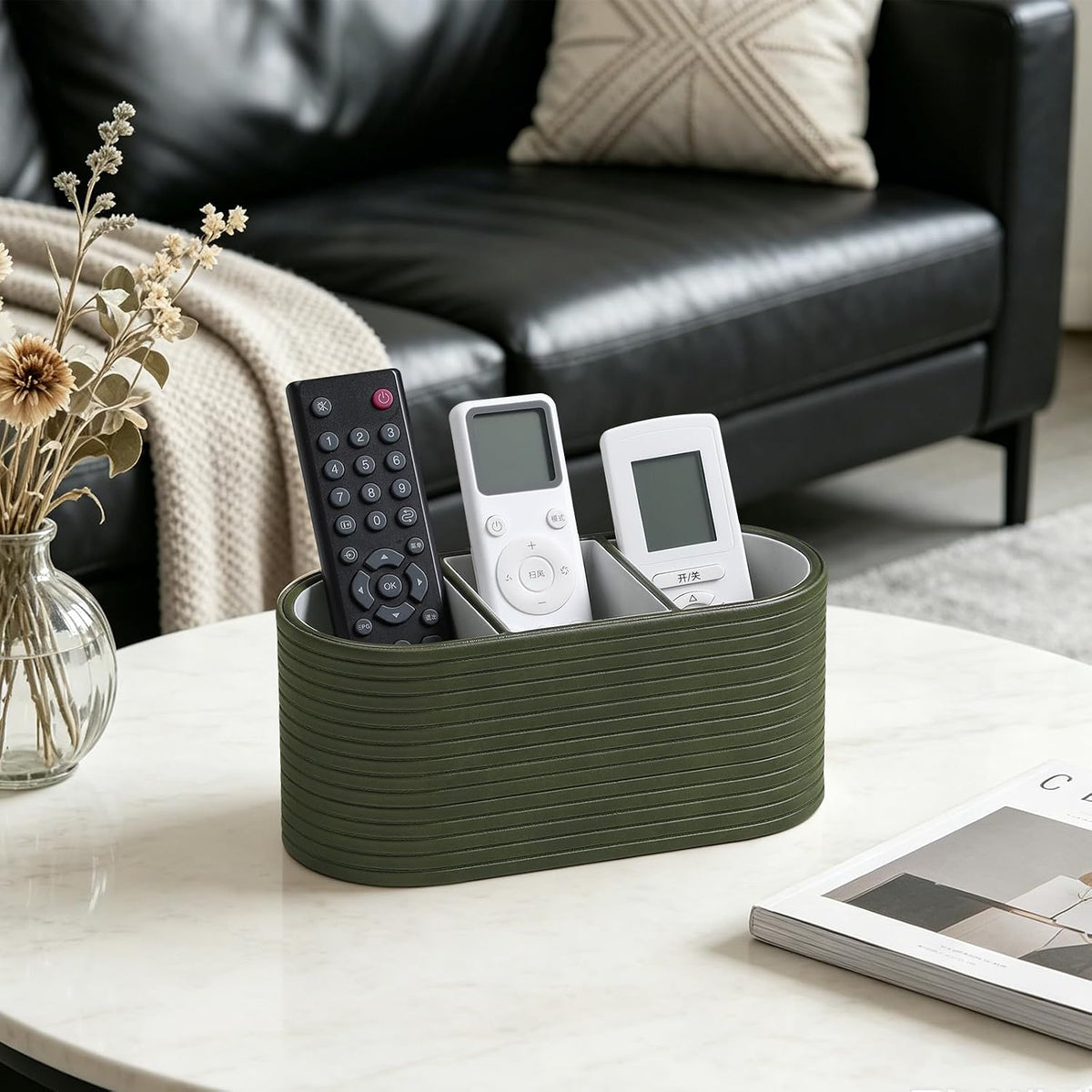 Oval Pen Holder for Desk, Remote Control Holder (Olive Green)