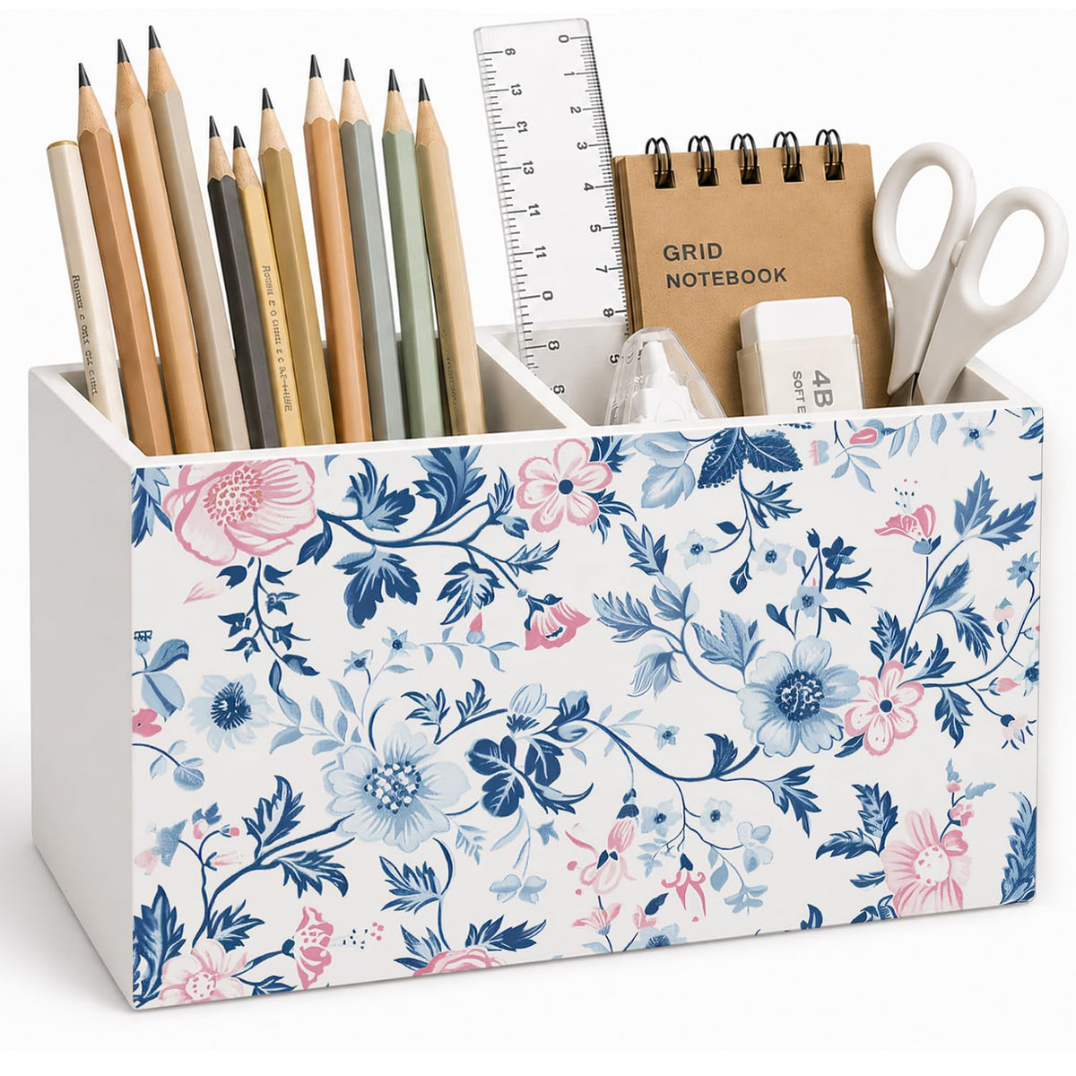 Lacama Spring Tulip Floral Pen Pencil Holder for Desk, Tulip Flower Botanical Sage Green Floral Pretty Cottagecore Pencil Holders Wooden Box Organizer for Home Office Bedroom Desk Tabletop