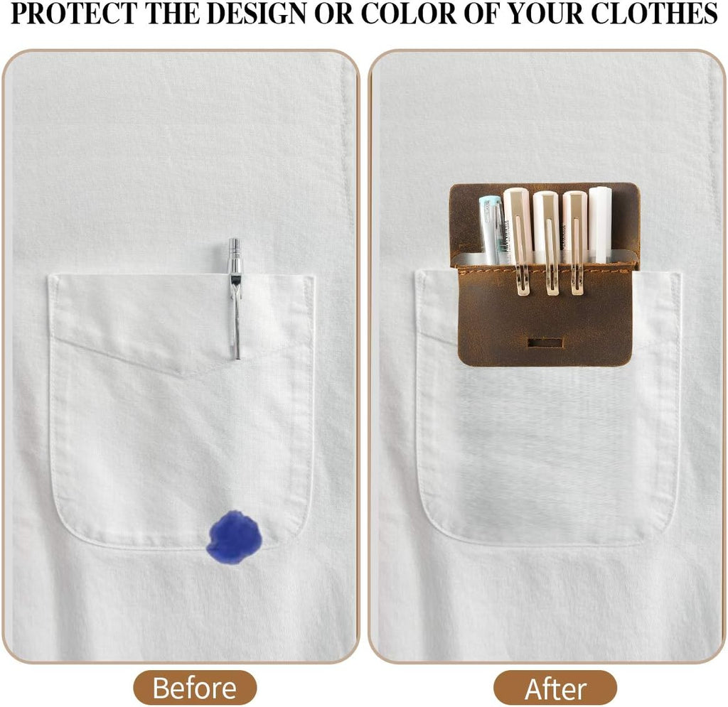 Ringsun Men's Pocket Protector - Full Grain Leather - Heavy Duty Pen Holder for Shirts, Lab Coats - Holds 6 Pens & Pointers & Cards