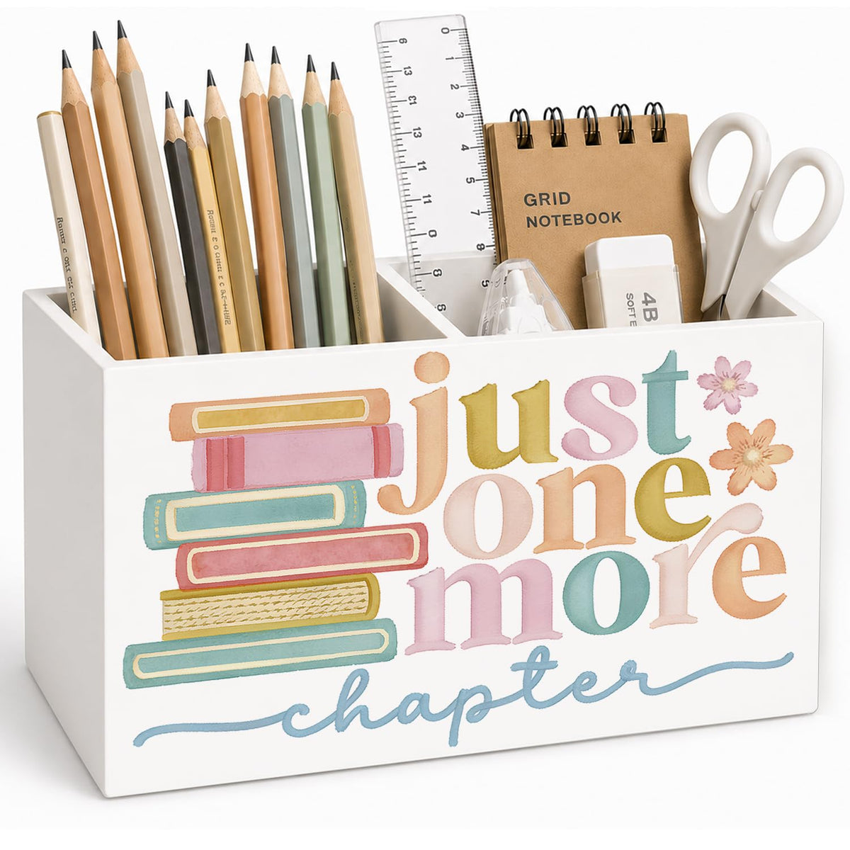 Lacama Spring Tulip Floral Pen Pencil Holder for Desk, Tulip Flower Botanical Sage Green Floral Pretty Cottagecore Pencil Holders Wooden Box Organizer for Home Office Bedroom Desk Tabletop
