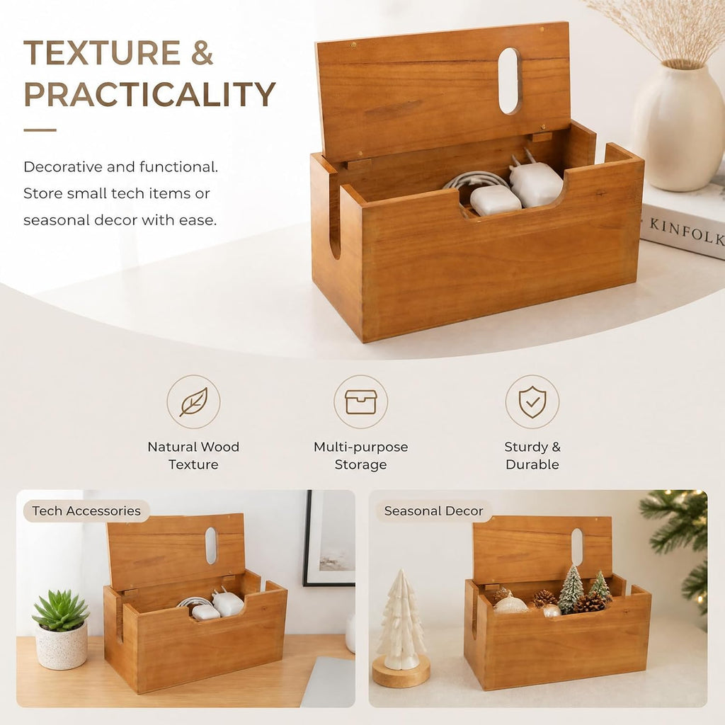 Wood Cable Management Box, Acacia Wood Cord Organizer
